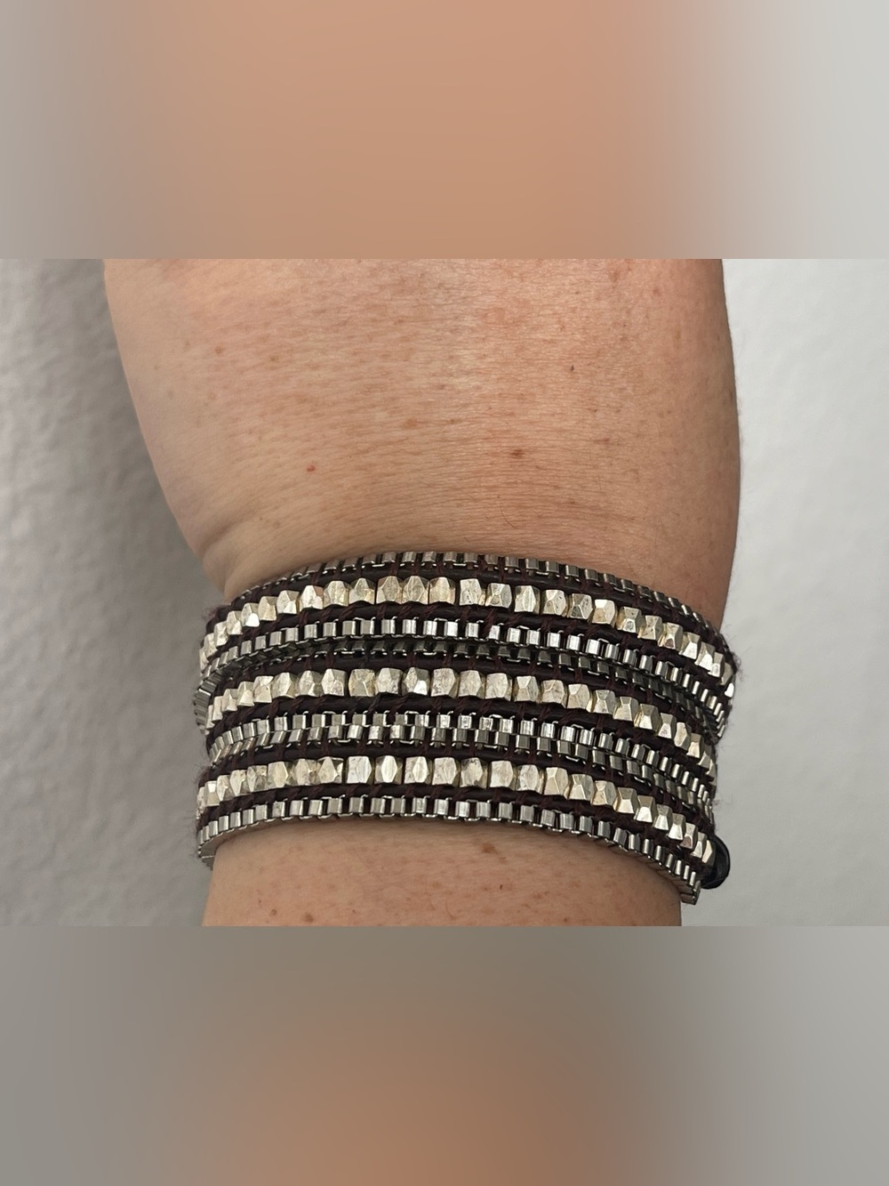 Silver Beaded Brown Leather Wrap Bracelet - Layered Women’s Bracelet